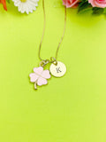 Gold Pink Clover Charm Necklace Personalized Customized Monogram Made to Order Jewelry, N4207A