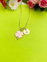 Gold Pink Clover Charm Necklace Personalized Customized Monogram Made to Order Jewelry, N4207A