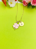 Gold Pink Clover Charm Necklace Personalized Customized Monogram Made to Order Jewelry, N4207A