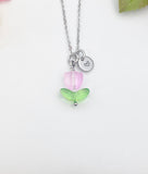Silver Pink Tulip Charm Necklace, Personalized Customized Monogram Made to Order Jewelry, N5303S
