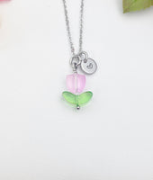 Silver Pink Tulip Charm Necklace, Personalized Customized Monogram Made to Order Jewelry, N5303S