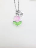 Silver Pink Tulip Charm Necklace, Personalized Customized Monogram Made to Order Jewelry, N5303S
