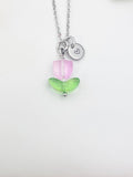 Silver Pink Tulip Charm Necklace, Personalized Customized Monogram Made to Order Jewelry, N5303S