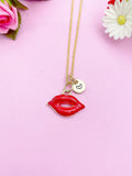Gold Red Lip Charm Necklace Personalized Customized Monogram Made to Order Jewelry, N3295A