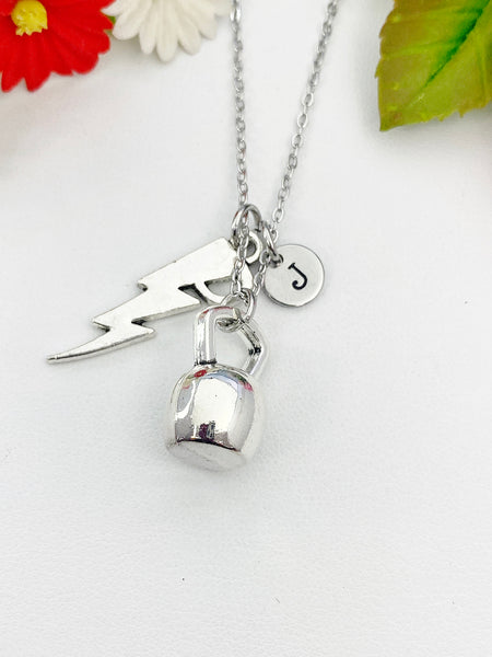 Gym Weight Training Kettlebell Lightning Charm Necklace Personalized Customized Monogram Made to Order Jewelry, N2594C