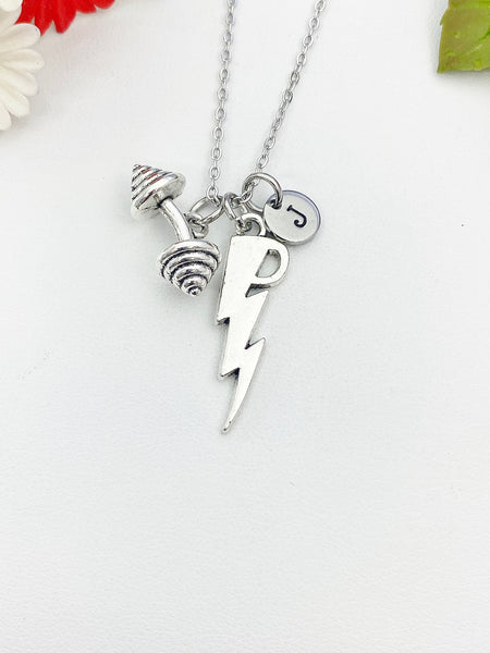 Silver Gym Weight Training Dumbbell Lightning Charm Necklace Personalized Customized Monogram Made to Order Jewelry, N987B