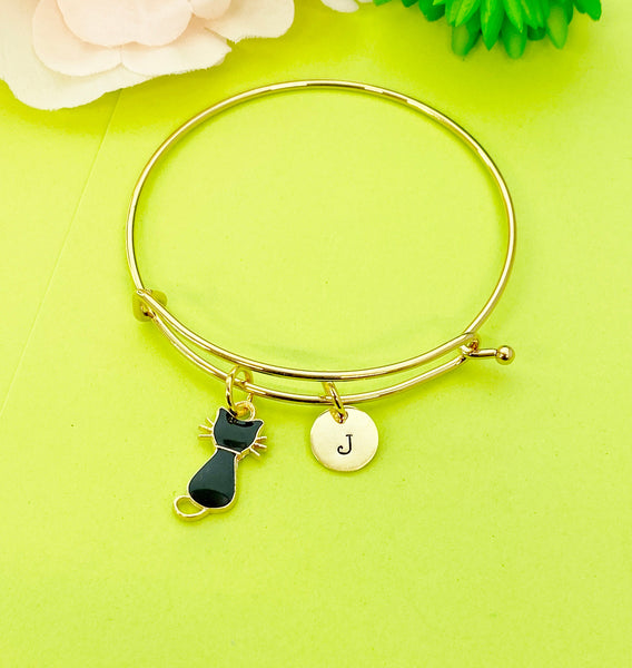 Gold Black Cat Bracelet Personalized Customized Monogram Made to Order Jewelry, N1029