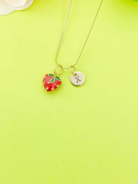 Gold Red Strawberry Charm Necklace Personalized Customized Monogram Made to Order Jewelry, N5789A