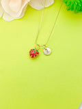 Gold Red Strawberry Charm Necklace Personalized Customized Monogram Made to Order Jewelry, N5789A