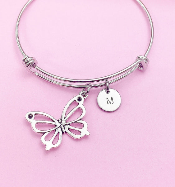 Silver Butterfly Charm Bracelet Gifts Ideas, Personalized Customized Monogram Made to Order Jewelry, AN131