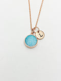Rose Gold Blue Natural Druzy Agate Charm Necklace Gift Ideas Personalized Customized Monogram Made to Order Jewelry, AN5259