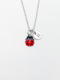 Red Ladybug Charm Necklace, Initial Stainless Steel, Gift Ideas