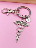 Silver Caduceus Medical Charm Keychain Gifts Idea Personalized Customized Monogram Made to Order Jewelry, AN2222