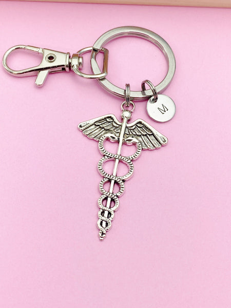 Silver Caduceus Medical Charm Keychain Gifts Idea Personalized Customized Monogram Made to Order Jewelry, AN2222