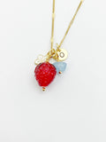 Gold Strawberry Necklace, March Natural Aquamarine Gemstone, Personalized Customized Monogram Made to Order Jewelry, 3N4983