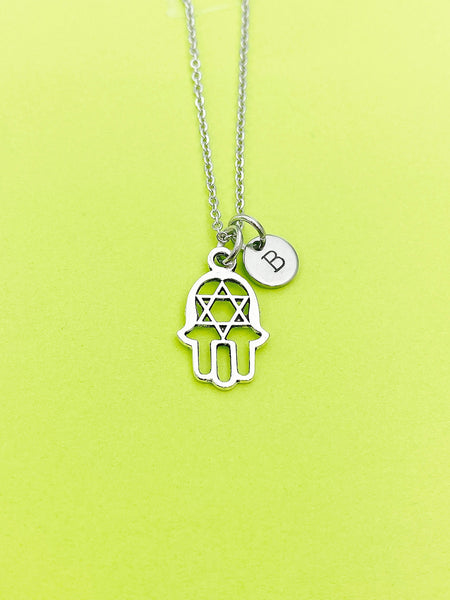 Silver Star of David Hand Charm Necklace Personalized Customized Monogram Made to Order Jewelry, N80D