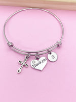 Silver Cross Thank You Heart Charm Bracelet Gifts Ideas, Personalized Customized Monogram Made to Order Jewelry, AN4189