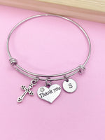 Silver Cross Thank You Heart Charm Bracelet Gifts Ideas, Personalized Customized Monogram Made to Order Jewelry, AN4189