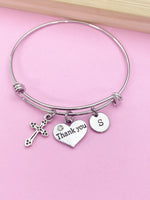 Silver Cross Thank You Heart Charm Bracelet Gifts Ideas, Personalized Customized Monogram Made to Order Jewelry, AN4189