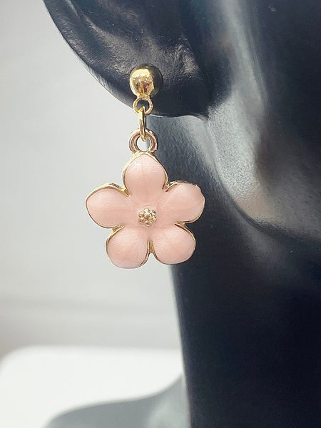 Gold Pink Magnolias Flower Charm Stud Earrings Everyday Gifts Ideas Personalized Customized Made to Order Jewelry, AN1956