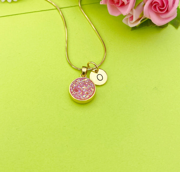 Gold Pink Druzy Agate Charm Necklace Every Jewelry Gift Ideas Personalized Customized Made to Order Jewelry, BN5259