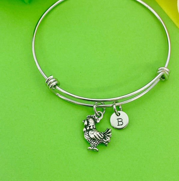 Silver Chicken Rooster Charm Bracelet Everyday Gifts Ideas Personalized Customized Monogram Made to Order Jewelry, AN544