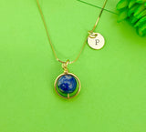 Gold Natural Lapis Lazuli Charm Necklace, Personalized Customized Monogram Made to Order Jewelry, AN4609