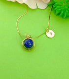 Gold Natural Lapis Lazuli Charm Necklace, Personalized Customized Monogram Made to Order Jewelry, AN4609