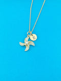 Gold Pinwheel Windmill Charm Necklace Everyday Gift Ideas, Personalized Customized Monogram Made to Order Jewelry, AN5171