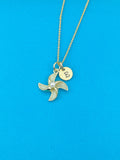 Gold Pinwheel Windmill Charm Necklace Everyday Gift Ideas, Personalized Customized Monogram Made to Order Jewelry, AN5171