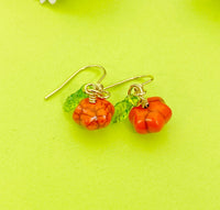 Gold Pumpkin and Leaf Charm Earrings Fall Gifts Ideas Personalized Customized Made to Order Jewelry, N5466