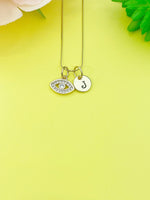 Gold Cubic Zirconia Evil Eye Charm Necklace Personalized Customized Gemstone Monogram Made to Order Jewelry, N1758A
