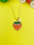 Gold Red Strawberry Charm Necklace Personalized Customized Monogram Made to Order Jewelry, N4718A