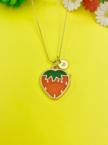 Gold Red Strawberry Charm Necklace Personalized Customized Monogram Made to Order Jewelry, N4718A