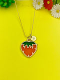 Gold Red Strawberry Charm Necklace Personalized Customized Monogram Made to Order Jewelry, N4718A