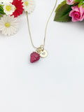 Gold Red Strawberry Charm Necklace Personalized Customized Monogram Made to Order Jewelry, N5442