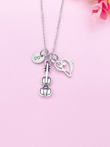 Silver Violin Viola Bass Clef Charm Necklace Personalized Customized Monogram Made to Order Jewelry, N5451