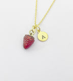 Gold Red Strawberry Charm Necklace Personalized Customized Monogram Made to Order Jewelry, N5442A