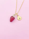 Gold Red Strawberry Charm Necklace Personalized Customized Monogram Made to Order Jewelry, N5442A