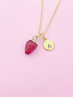 Gold Red Strawberry Charm Necklace Personalized Customized Monogram Made to Order Jewelry, N5442A