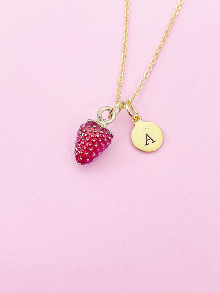 Gold Red Strawberry Charm Necklace Personalized Customized Monogram Made to Order Jewelry, N5442A