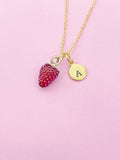 Gold Red Strawberry Charm Necklace Personalized Customized Monogram Made to Order Jewelry, N5442A