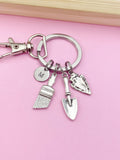 Archeology Keychain, Silver Brush, Shovel, Arrowhead Charms, Personalized Initial