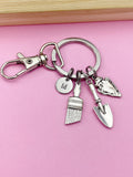 Archeology Keychain, Silver Brush, Shovel, Arrowhead Charms, Personalized Initial