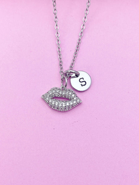 Silver Lip Charm Necklace Makeup Artist School Gift Ideas Personalized Customized Monogram Made to Order Jewelry, N1552