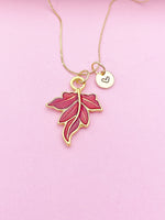 Gold Red Maple Leaf Charm Necklace Forest Nature Love Gift Ideas Personalized Customized Made to Order Jewelry, BN3169