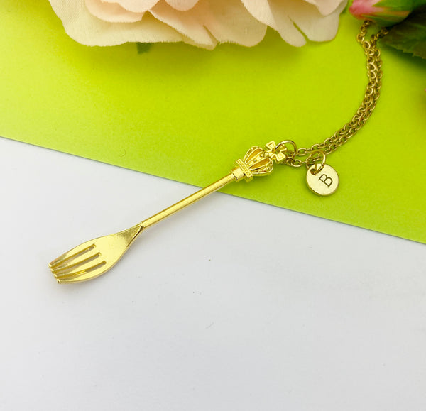 Gold Fork Crown Cross Charm Necklace Gift Ideas Personalized Customized Made to Order Jewelry, AN1290