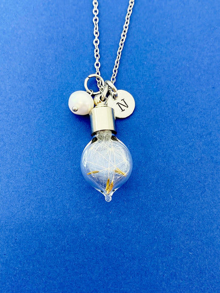 Silver Dandelion Pearl Heart Charm Necklace Wish Gift Ideas Personalized Customized Monogram Made to Order Jewelry, N5475