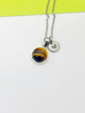 Silver Natural Tiger Eye Charm Necklace Gift Ideas Personalized Customized Monogram Made to Order Jewelry, AN3586