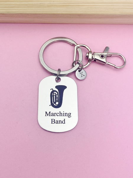 Silver Marching Band Tuba Charm Keychain Gifts Idea, Personalized Customized Monogram Made to Order Jewelry, D396